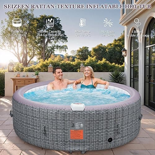 Seizeen 4-6 Person Inflatable Round Hot Tub, Portable Outdoor Spa Hot Tub with 130 Air Jets, PVC Blow Up Hot Tubs with Insulated Cover, Built-in Heater Pump and 6 Filter Cartridges (Rattan Texture) thumbnail 3