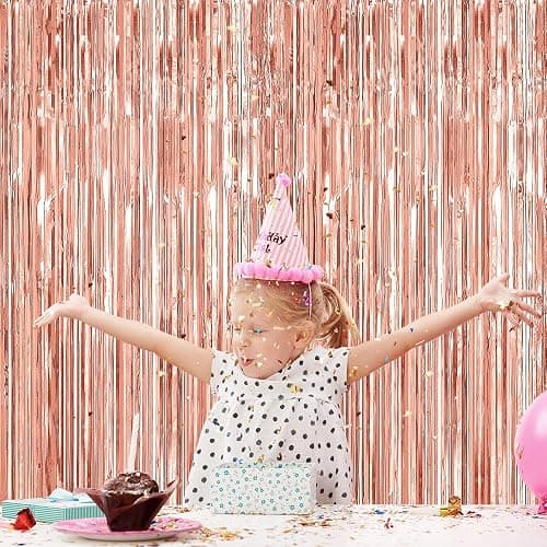 ASTARON 2Pcs Rose Gold Foil Fringe Curtains Shiny Metallic Fringe for Baby Shower Party Birthday Party Decoration thumbnail 6