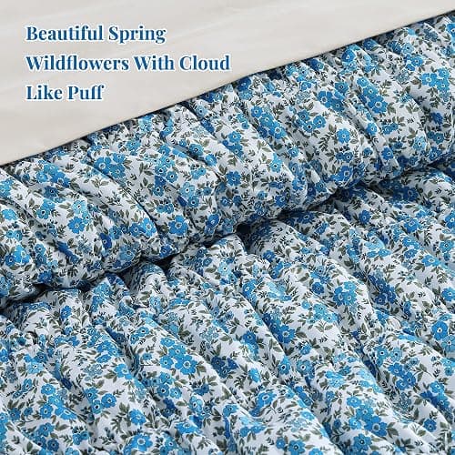 BLOOMHAVEN Queen Comforter Set - 7 Pieces Blue Classic Puff Floral Bedding Sets for All Seasons, Shabby Chic Farmhouse Bed in a Bag Queen with Wildflowers Fluffy Comforter, Sheets, Pillowcases & Shams thumbnail 2