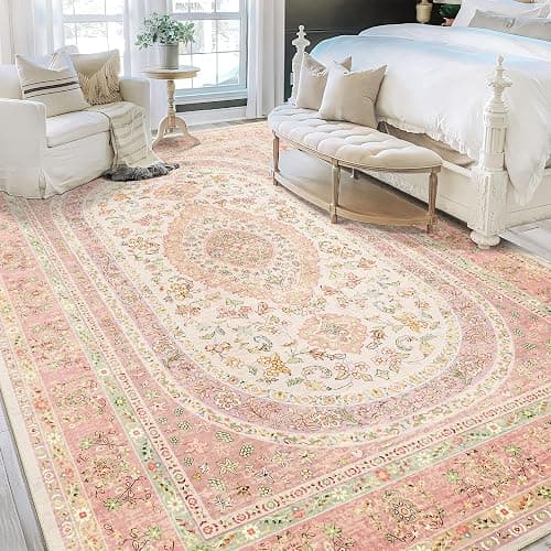 Castage 9x12 Area Rugs Washable,Pink Rug for Living Room Bedroom Dining Room,Large Boho Vintage Bohemian Distressed Farmhouse Carpet Non Slip,Blush Floral - Image 1