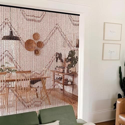 Foreate 52 Strands Beaded Curtain for Doorway Handmade Bamboo Wood Door Beads Hanging Room Divider Bohemian Hallway Window Hippie Curtains Rustic Home Bedroom Decor 35.5" x 75" Brown - Brown thumbnail 2