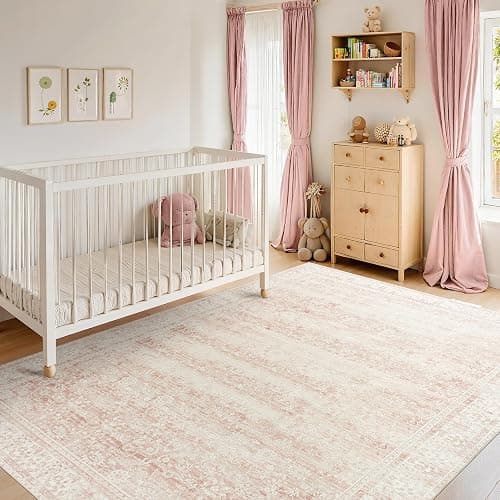 BILEEHOME Nursery Rug for Baby Girl Neutral Blush Pink Boho Floral Washable Soft Faux Wool Area Rugs for Living Room Bedroom,5x8 thumbnail 5