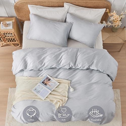 JELLYMONI 100% Natural Cotton 3pcs Striped Duvet Cover Sets,Blue Duvet Cover with Thin White Stripes Pattern Printed Comforter Cover,with Zipper Closure & Corner Ties(Twin Size) thumbnail 4