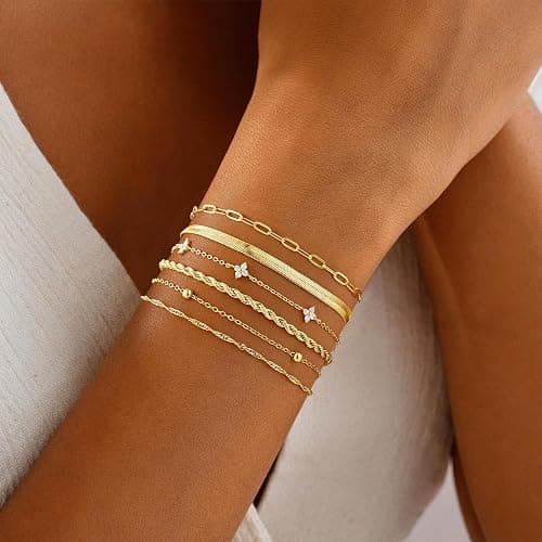 M MOOHAM Gold Bracelets Set for Women No Tarnish | 14K Gold Plated, Dainty Stackable Bracelets Stack for Women, Herringbone Paperclip Rope Cuban Chain Bracelet Set Stack thumbnail 3