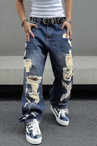 MZNBURAM Men's Non-Stretch Loose Fit Wide-Leg Baggy Jeans Pants thumbnail 4
