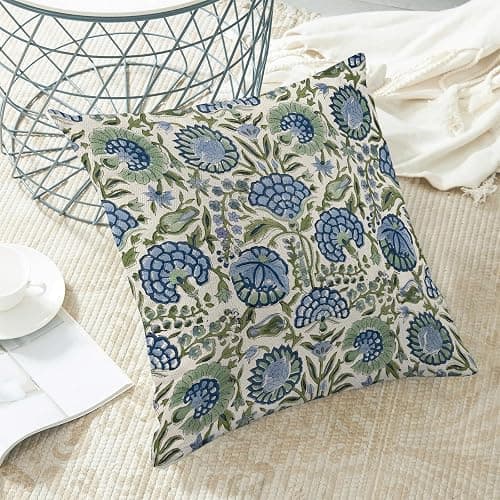 Boho Blue Pillow Covers 18x18 Inch Set of 2 Vintage Navy Blue Sage Green Floral Decor Throw Pillows Spring Summer Seasonal Flower Pillowcases Linen Outdoor Decoration Cushion Covers for Couch Sofa thumbnail 5