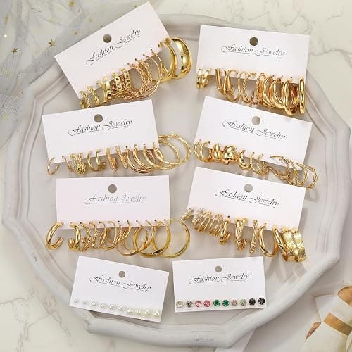 46 Pairs Gold Hoop Earrings Set for Women, Fashion Hypoallergenic Chunky Twisted Pearl Stud Earrings Multipack, Small Big Hoops Earring Packs Trendy for Christmas Birthday Party Jewelry Gift thumbnail 5