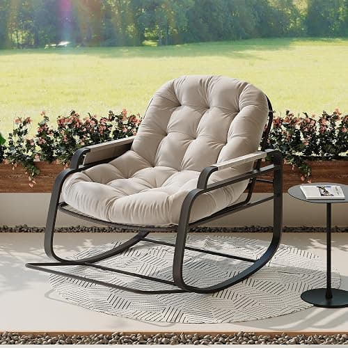 BHFFTHK Schaukelstuhl mit fußablage, Schaukelstuhl für drinnen & draußen, Schaukelsessel Wohnzimmer Relaxstuhl mit gepolsterter, bis 150 kg Belastbar für Garten, Wohnzimmer, Beige (Beige-C) thumbnail 7