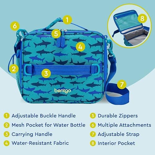 Bentgo Kids Lunch Bag - Durable, Double-Insulated Lunch Bag for Kids 3+; Holds Lunch Box, Water Bottle, & Snacks; Easy-Clean Water-Resistant Fabric & Multiple Zippered Pockets (Shark) thumbnail 5