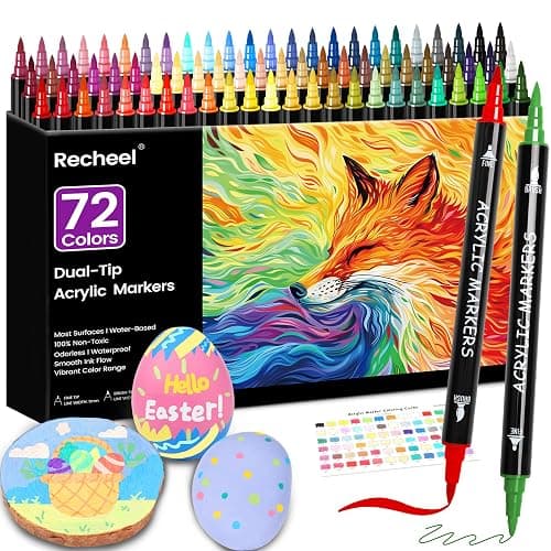 Recheel 72 Colors Acrylic Paint Markers, Dual Tip with Fine Tip and Brush Tip Pens for Stone, Wood, Canvas, Glass, Ceramic, Metal, Rock, Fabric, DIY Art Projects - Image 1