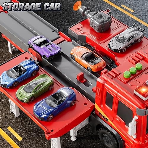 XINNOVEL Fire Trucks Toys for Toddlers Ages 3-5, Folded Carrier Truck Race Track with with Lights & Sounds and 6 Racing Car Toys, Birthday Gift for 3 4 5 6 7 8 Years Old Boys Girls thumbnail 7