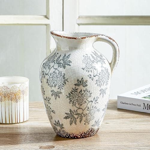Enra Vintage vase with Handle,Blue and White Ceramic Decorative Flower vase, Chinoiserie Floral Vase,Large Rustic Vases for Home Decors, Living Room, Bookshelf, Office，9.7 inch thumbnail 6