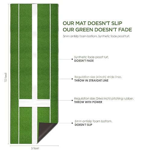 Softball Pitching Mat with Rubber 10x3 ft Softball Pitching Mound with Antifade Turf and Antislip Foam Backing Fastpitch Equipment for Softball and Baseball Pitchers Practice Clay and Green Matt - Green thumbnail 2