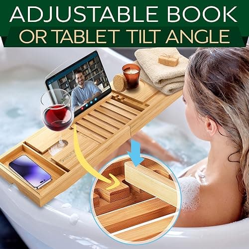 SereneLife Luxury Bamboo Bathtub Caddy Tray - Adjustable Natural Wood Bath Tub Organizer with Wine Holder, Cup Placement, Soap Dish, Book Space & Phone Slot for Spa, Bathroom & Shower SLBCAD20 thumbnail 6