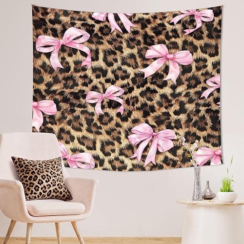 Imirell Pink Bow Leopard Print Tapestry 59Wx51H Inches Girly Modern Panthera Cat Pretty Bownot Sweet Retro Fashion for Lady Woman Art Hanging Bedroom Living Room Dorm Wall Blankets Home Decor Fabric - Image 1