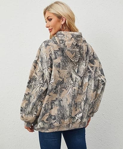 Eutten Womens Camo Hoodies Maple Leaf Print Oversized Hooded Sweatshirt Fleece Pullover Sweatshirts Long Sleeve with Pocket - Small - Dark Green thumbnail 3