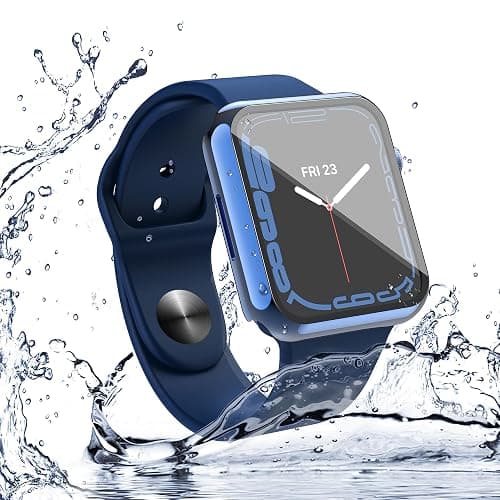 Misxi [2 Pack Waterproof Anti-Scratch Case with Button for Apple Watch Series 9 (2023) Series 8 Series 7 45mm, Hard PC Cover with Tempered Glass Screen Protector for iWatch, 1 Blue + 1 Transparent thumbnail 6
