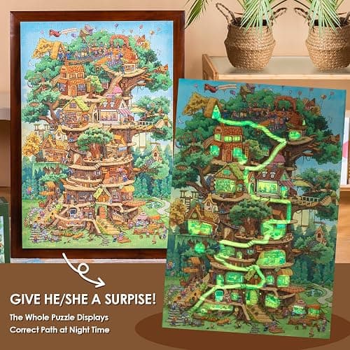 MOMIBOOK 1000 Piece Puzzle for Adults Jigsaw Puzzles of The Wonderful Tree House Expedition, Luminous Painting Image Challenging Hard Impossible Puzzle Unique Funny Party Christmas Birthday Gifts thumbnail 5