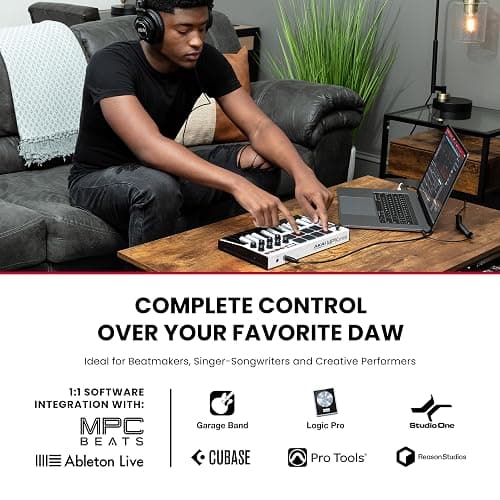 Akai Professional MPK Mini MK3-25 Key USB MIDI Keyboard Controller With 8 Backlit Drum Pads, 8 Knobs and Music Production Software and Native Instruments Sound Package (NKS Integration), White thumbnail 2