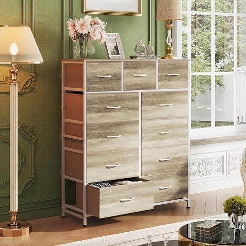 WLIVE Storage Organizer Unit with 11 Fabric Bins, Storage Drawers Organizer with Steel Frame, Tall Storage Tower Organizaton for Living Room, Hallway, Office, Greige thumbnail 4