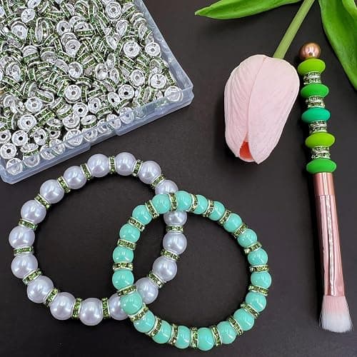 MIIIM 300pcs Olive Rondelle Spacer Beads, 8mm Diamond Rhinestone Focal Beads for Jewelry Making, Pens, Silver Spacer Charms for Bracelets thumbnail 2