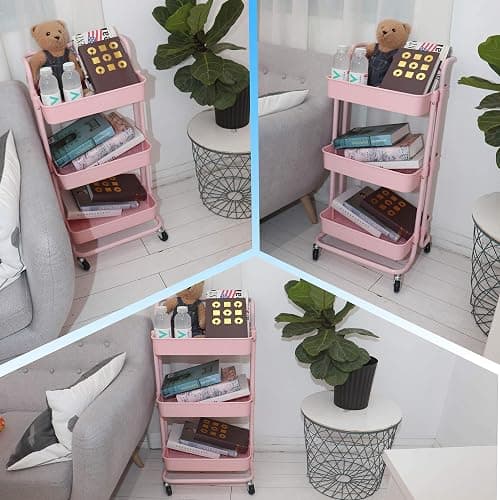 Piowio 3 Tier Utility Rolling Cart Multifunction Organizer Shelf Storage Cart with 3 Pieces Cups and 8 Pieces Hooks for Home Kitchen Bathroom Laundry Room Office Store etc. (Pink) thumbnail 7