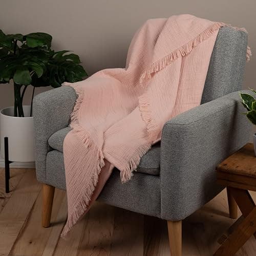 Sticky Toffee Blush Pink Muslin Throw Blanket with Fringe, Oeko-Tex Cotton Muslin Blankets for Adults, Soft Lightweight and Breathable for Couch Bed or Sofa, 50 in x 60 in - Muslin Blush Pink thumbnail 5