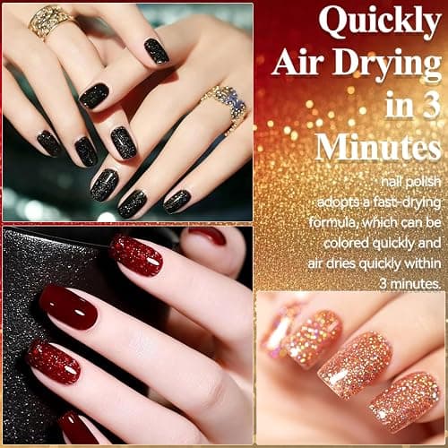 4PCS Glitzer Nagellack Set - Ungiftiger Nagellack Auf Wasserbasis für Mädchen, Shimmer Schnelltrocknender Nail Polish für DIY Nageldesign Maniküre zu Haus, Roter Gold Silber Glitzer (Schwarz) thumbnail 3