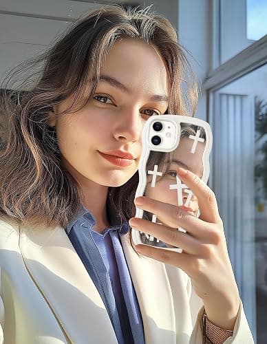 Jusy Compatible with iPhone 11 Case with Wavy Edge, Cute White Cross Pattern Mirror Curly Phone Cases, Shockproof Hard PC & Soft TPU Bumper Protection Cover for Women Girls-Cross Pattern thumbnail 7