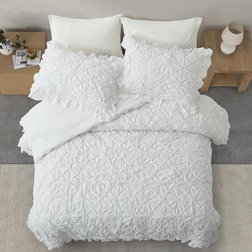BEDAZZLED Queen Size Comforter Sets, White Bedding Comforter Set, 3 Pieces Pinch Pleat Bedding Sets with Comforter and Pillowcases Soft Farmhouse Shabby Chic Comforter for All Season thumbnail 6