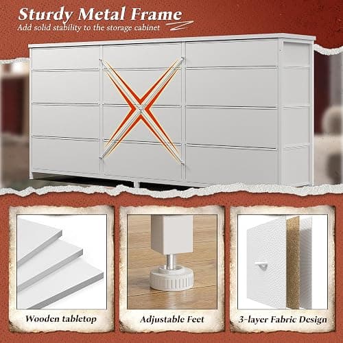 Romorgniz 55" Long Dresser for Bedroom with 12 Fabric Drawers, Entertainment Center for 60 inch TV Dressers & Chests of Drawers Large Organizer, Living Room, Metal Frame, Wood Top, White thumbnail 7
