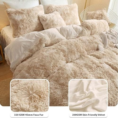 LIFEREVO Luxury Fluffy Faux Fur Duvet Cover Set, Tie Dye Plush Fuzzy Duvet Cover Set(1 Print Shaggy Comforter Cover+2 Furry Pillow Shams) Bedding Set, Zipper Closure(Queen, Light Beige) thumbnail 5