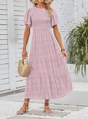ZESICA Women's 2025 Summer Casual Floral Print Short Flutter Sleeve Crew Neck Smocked High Waist Flowy Maxi Dress - Darkpink - Small thumbnail 6