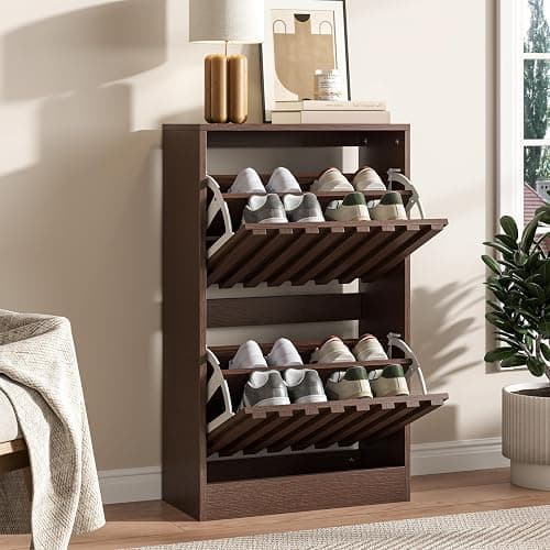 UEV Slim Wooden Shoe Storage Cabinet with 2 Flip Drawers, Modern Narrow Shoe Storage Unit with Ventilated Design, Space-Saving Entryway Shoe Rack, Walnut thumbnail 4