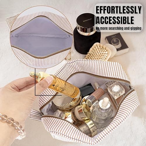 MT WORLD Cosmetic Bag Personalized Makeup Bag for Women Girls Seersucker Preppy Bridesmaid Makeup Bag Cute Aesthetic Toiletry Bag Girls Handbags Purses (Brown) thumbnail 3