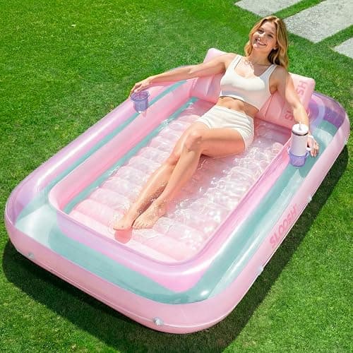 SLOOSH Inflatable Tanning Pool Lounger Float, 70" x 46" Pool Floats Adult with Pillow, 4 in 1 Suntan Tub Raft Floatie,Sunbathing Bed Lounge for Water Blow Up Ball Pit Party Gifts, L-Cyan Pink - Image 1