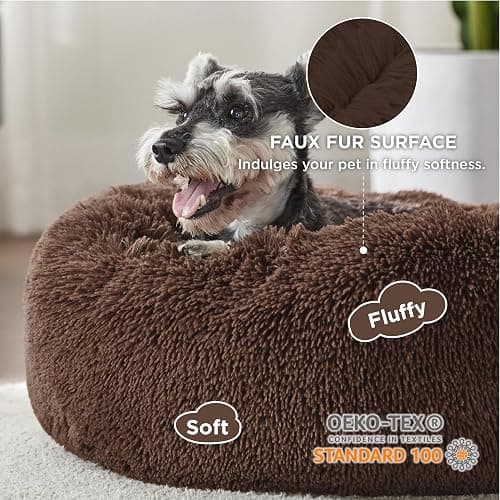 Bedsure Calming Small Dog Bed Donut Washable Cat＆Puppy Bed,23 inches Coffee | Fluffy Faux Fur Round Cuddler,Machine Washable,Anti-Slip Bottom,Anti-Anxiety,Deep Sleeping for Large Cat & Pets Up to 25 Lbs thumbnail 2