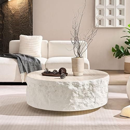 KEIKI 35" Fiberglass Round Coffee Table with Round Edge Design, Modern Style Imitation Stone Center Coffee Table, No Assembly Required, for Living Room, Bedroom, Reception Room, Beige thumbnail 4