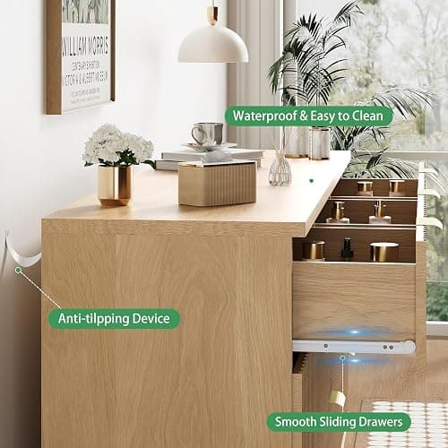 Fluted Dresser for Bedroom with 9 Drawers, 57" Wide Modern Chest of Drawers with Metal Handle, Wooden Dresser TV Stand, Wood Closet Clothes Storage Organizer for Living Room, Hallway, Natural Oak thumbnail 5