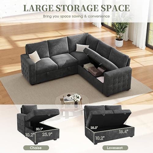 86" Sectional Sleeper Sofa Bed, Sleeper Couch with Pull out Bed, L Shaped Couch with Storage, Modular Sectional Sofa， Sectional Couches for Living Room&Apartment, Convertible Sofas, Gray Couches thumbnail 5