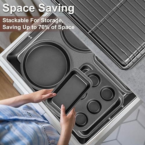 Funnydin 12PCS Nonstick Baking Pans Set - Stackable Bakeware Sets with Wider Grip, Carbon Steel Baking Set Including Cookie Sheets for Baking, Muffin Pan, Loaf Pan, Cake pan, Roasting Pan, Oven Mitts thumbnail 7