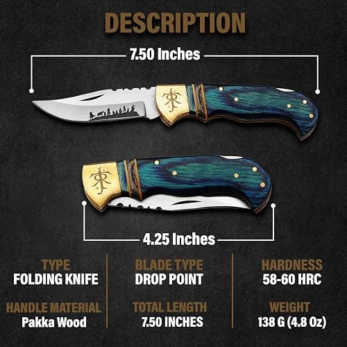 Huntex 3.25" Folding Pocket Knife, 420HC Blade, Pakka Wood Handle, Brass Lord of the Rings Symbol, EDC Tactical Knife with Gift Locket, Ideal for Camping, Survival, and Gifts (Blue Sheath) thumbnail 4