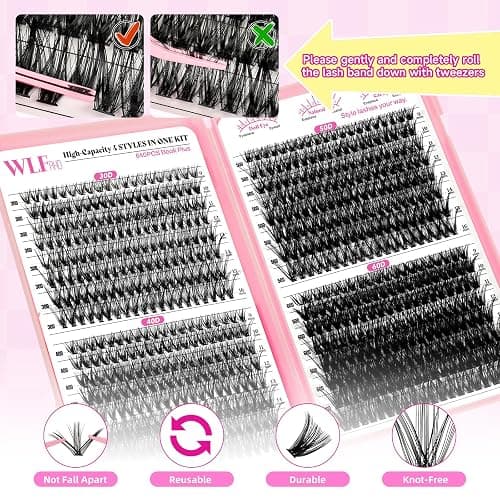 WLF Lash Clusters, 640 Pcs 4 Style 30D+40D+50D+60D Natural Cluster Lashes Individual Lashes D Curl Eyelashes Cluster Extensions DIY Wispy Fluffy Clusters Eyelash Extensions False Eyelashes(Mix9-16 mm) thumbnail 4