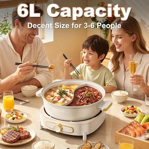Dezin 6L Hot Pot Electric with Divider, Shabu Shabu Pot with Power Control | Removable 1500W Chinese Hot Pot, Non-Stick Hotpot with Multi-Power Adjustment, 3" Depth Double-Flavor Pot with Silicone Ladle thumbnail 2