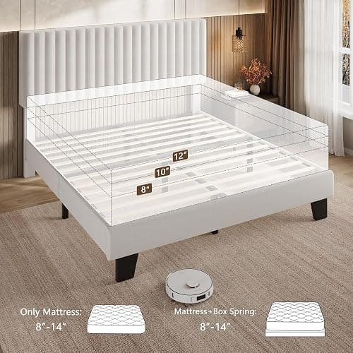 Einhomn Queen Size Bed Frame with Headboard, Upholstered Velvet Platform Bedframe with Solid Wooden Slats, Noise-Free, No Box Spring Needed, Easy Assembly, White thumbnail 9