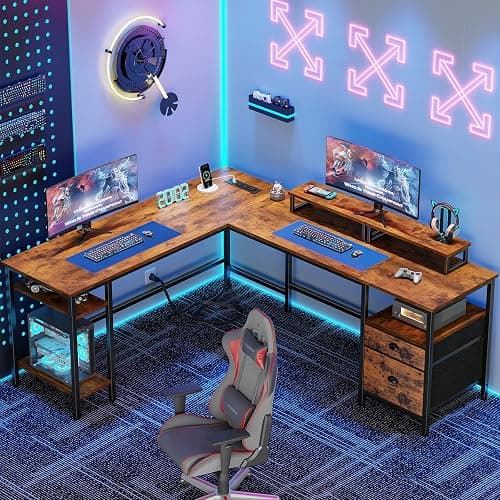 Furologee 66” L Shaped Desk with Power Outlet, Reversible Computer Gaming Desk with File Drawer & 2 Monitor Stands for Home Office with Storage Shelves, Rustic Brown thumbnail 2