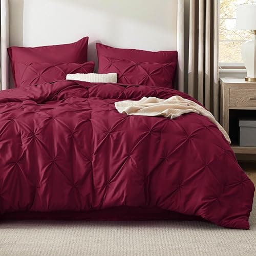 Bedsure Queen Comforter Set Dark Red - Bed in a Bag Queen Size Bedding 7 Pieces, GentleSoft™ Pintuck Bed Set Gift for Family, Pinch Pleat All Season Comforter with Sheets, Pillowcases & Shams thumbnail 4