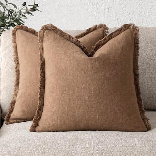 Foindtower Set of 2 Decorative Linen Fringe Throw Pillow Covers Cozy Boho Farmhouse Cushion Cover with Tassels Soft Accent Pillowcase for Couch Sofa Bed Living Room Home Decor,18×18 Inch,Khaki Brown - Image 1