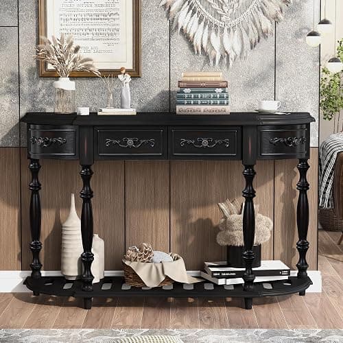 LUMISOL Retro Half Moon Console Table with 4 Storage Drawers, Curved Sofa Table Behind Couch, Half Round Accent Table with Shelf for Entryway Living Room Hallway, Black thumbnail 2