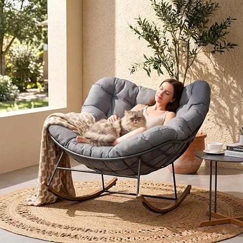 Grand patio Outdoor Rocking Chair, Oversized Papasan Rocking Chair with Thick Cushion, Indoor Outdoor Cozy Rocker for Balcony, Living Room, Patio, Gray thumbnail 3